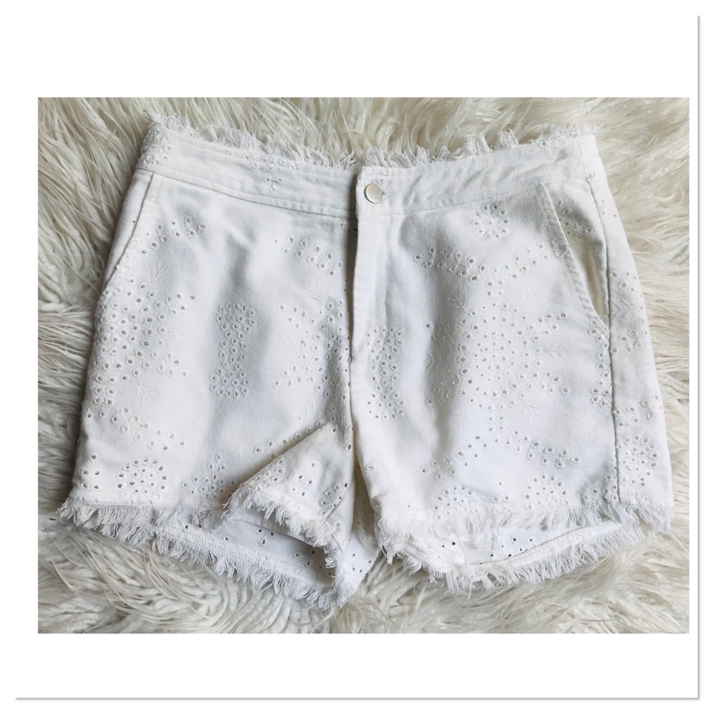 Anthropologie The Korner Cotton Floral Eyelet Shorts Frayed High Waisted White 8